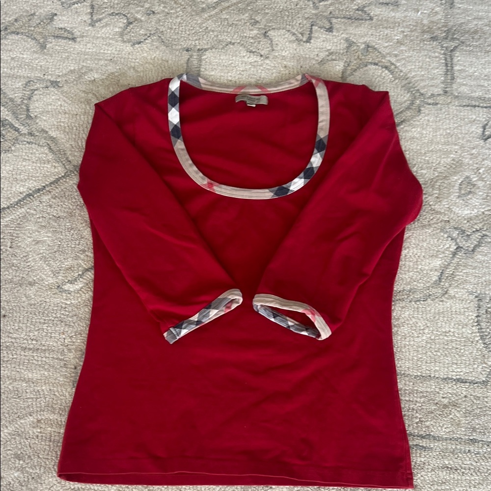 Burberry Red 3/4 Sleeve Top with Check Trim in Excellent Condition